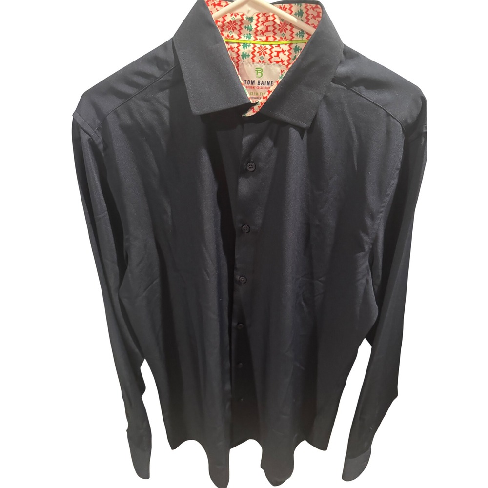 Tom Baine Mens Holiday Collection Slim Fit Performance Shirt Navy Blue Large